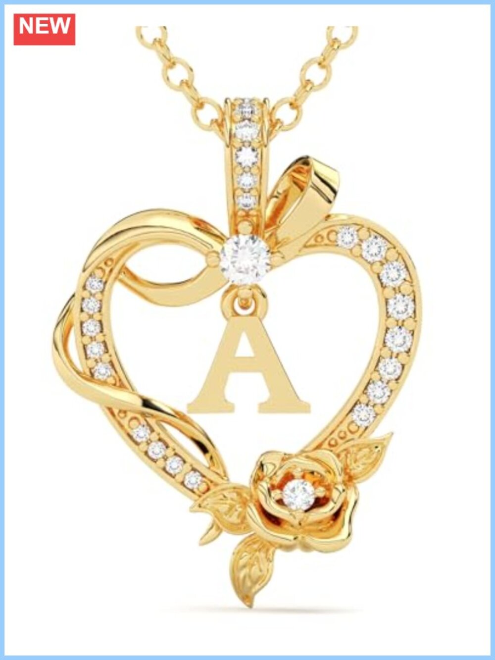 14K Gold Plated Initial Heart Pendant Necklace with Rose, Cubic Zirconia, 16-18